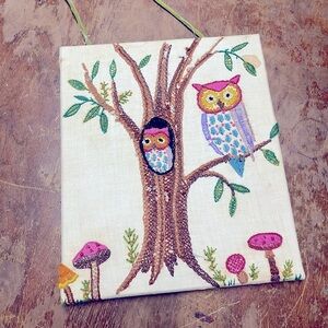 VTG MCM Psychedelic Embroidered Owl Mushroom Wood Mounted Wall Art